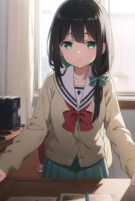 mimoritougou, <lyco:mimoritougou-lyco-nochekaiser:1>,
mimori tougou, long hair, (black hair:1.5), (green eyes:1.5),
BREAK skirt, long sleeves, school uniform, bow, bowtie, serafuku, red bow, cardigan,
BREAK looking at viewer,
BREAK indoors, classroom,
BREAK <lora:GoodHands-vanilla:1>, (masterpiece:1.2), best quality, high resolution, unity 8k wallpaper, (illustration:0.8), (beautiful detailed eyes:1.6), extremely detailed face, perfect lighting, extremely detailed CG, (perfect hands, perfect anatomy),