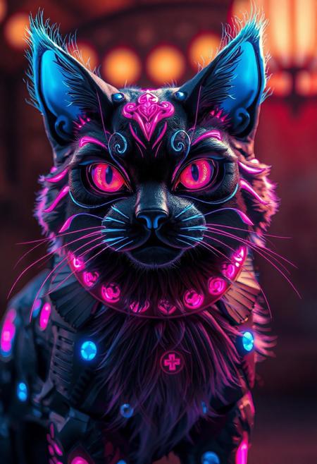 masterpiece, best quality, amazing quality, very aesthetic, high resolution, ultra-detailed, absurdres, newest,  photorealistic details, volumetric lighting, foo dog that's a cat, glowing details, black, blue, and pink coloration