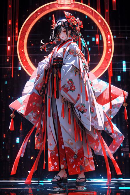 <lora:C_projection_holographic_display:1>, virtual youtuber, solo, male focus, 1boy, black hair, red eyeshadow, multicolored hair, red hair, full body, jacket, yellow eyes, eyeshadow, shirt, white background, pants, looking at viewer, crossed arms, jewelry, tassel, floral print, makeup, red shirt, belt, white jacket, white pants, sandals, kimono, tassel earrings, japanese clothes, black belt, formal, smile, hair over one eye, straight-on, standing, simple background, bangs, long hair, streaked hair, medium hair, suit, earrings, long sleeves, collared shirt, red eyeliner, jacket on shoulders, single earring, closed mouth, toenails, black kimono, black footwear