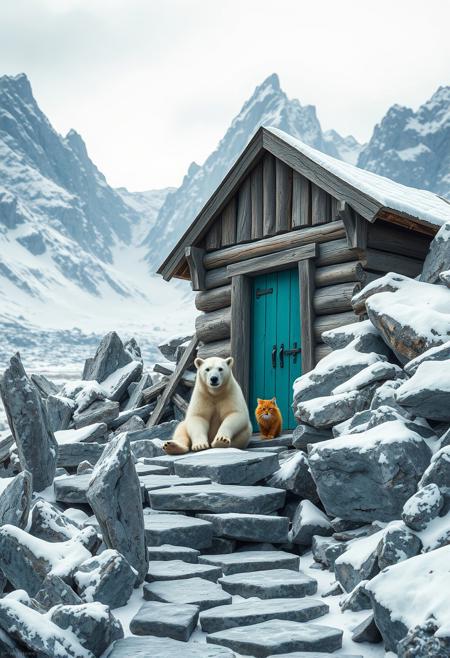 high definition, high detail, photo realistic, 8k, digital fantasy image. A polar bear, his fur snow white, sits outside of a rustic, weathered wooden shack nestled among snow-covered rocky terrain. A fluffy ginger cat is sat next to him. The shack is slightly tilted, with a turquoise door that stands out against the muted browns and greys of the wood and rocks. The door is worn, with visible cracks and a small hole near the top. Surrounding the shack are jagged rocks dusted with snow, leading up to the entrance via a narrow, uneven stone path. The background features towering, rugged mountains under a pale, overcast sky, adding to the desolate and isolated atmosphere of the scene. The overall colour palette is cool, with dominant shades of blue, grey, and white, creating a cold, wintry ambiance.