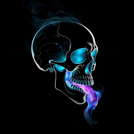 Cybernetic Skull, black background, slhouette black and white outline, skull made of smoke, neon teal_flames, pov sideview, smoke rises from back of skull, whole Galaxy in skull, mouth open pouring out Galaxy in a liquid form, Galaxy coming from open mouth of skull