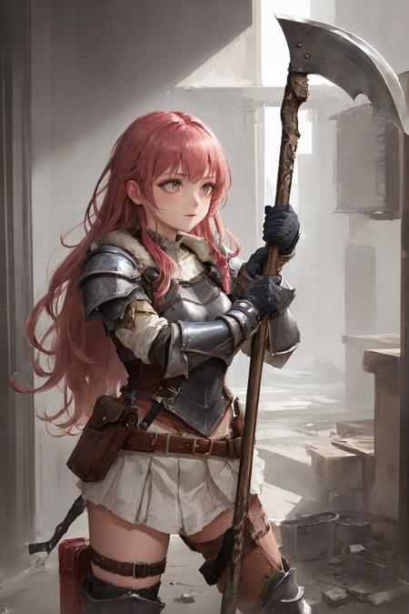 best quality,masterpiece,highly detailed,ultra-detailed,1girl,  <lora:AXE:0.3:Chr> 
(Tassets),An armor made of thigh armor
holding weapon, holding axe,battle axe
holding long grip of axe, 
 fighting stance,