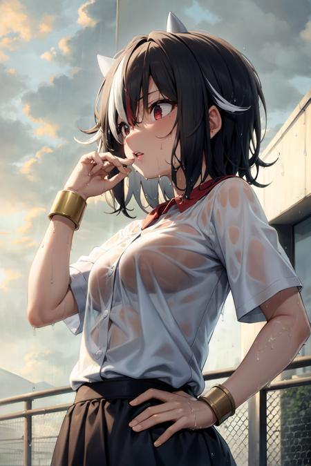 masterpiece, best quality,  <lora:KijinSeija:1>,1girl, solo, horns, streaked hair, black hair, red eyes, multicolored hair, shirt, rain, outdoors, wet, white shirt, short sleeves, hand on hip, red hair, bracelet, white hair, wet clothes, jewelry, wet hair, upper body, parted lips, cloud, short hair, bangs, see-through, hand up