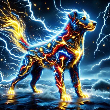 made of golden and blue and red and yellow and purple lightning thunder trails, lthndrtrl, A heroic canine figure, clad in a dynamic superhero suit that crackles with raw, visible thunder energy. The suit might feature bolts of lightning as accents, glow with an electric blue or white light, and even seem to hum with power. The dog's expression should convey determination and bravery, ready to unleash the power of the storm, surreal and intense, Masterpiece level quality, soft lighting, bright lighting, sharp focus, fine details, high quality, precise, high resolution, 4k, 8k,