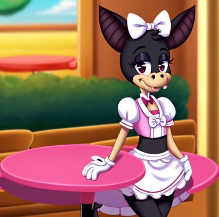 toontown_bat, (black fur), female, sfw, (maid themed shirt, maid themed skirt), (solo_focus), 1girl, at a cafe styled house,2d, (uploaded to e621, uploaded to pixiv), black hair bow, stunning detail, (questionable content), [sharp focus, focal point], ((white panties, panty shot)), looking at viewer, toony eyes, by disney, feminine, cafe aesthetic, colorful, white gloves, on model, toony, [furry], serving at a table, short legs, <lora:toontown_bat:1>