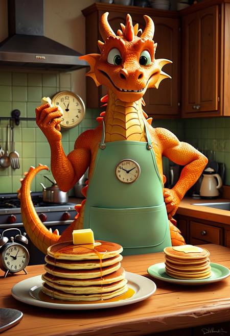 A delightful, anthropomorphic orange dragon, wearing a pastel green apron, proudly holding a stack of golden pancakes with a pat of butter and syrup. He stands in a cozy, detailed kitchen with wooden cabinets and warm lighting. Another stack of pancakes with dripping syrup and an old-fashioned alarm clock are on the wooden counter in the foreground. Digital painting, vibrant colors, Pixar animation style, warm morning light, highly detailed, whimsical and cheerful atmosphere, in the style of Wētā FX and Chris Appelhans,  aidmaMJ6.1.