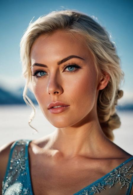 Dynamic photoshot of a gorgeous woman looking like Elsa from Arendelle, 25 years old, looking at camera, makeup, mascara, eyeliner, blue eyes, high contrast, (natural skin texture, hyperrealism, soft light, sharp), Canon EOS 5D Mark III, 85mm Sharp focus, dlsr, 8k, high-contrast, dramatic lighting, striking composition, strong and assertive pose, sexy, erotic, allure, on a frozen lake, Hasselblad 500C camera, 20mm medium format film