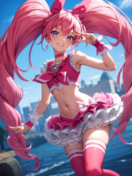 cure melody navel, pink hair ribbon:1.2, hairband, pink thighhighs, pink shoes, wrist cuffs, twintails, gem, frills