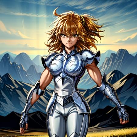 masterpiece, best quality, highres, solo, 1girl, subtle smile, detailed background,standing in front of a picturesque landscape,medium breasts,aaritsuka, short hair, ahoge, hair scrunchie,fingerless gloves ,<lora:more_details:0.8>, pauldrons ,  ,gold armor,  <lora:fujimaru_ritsuka_(female)_v1:1>, <lora:hyogaV2:0.8>,cygnus new