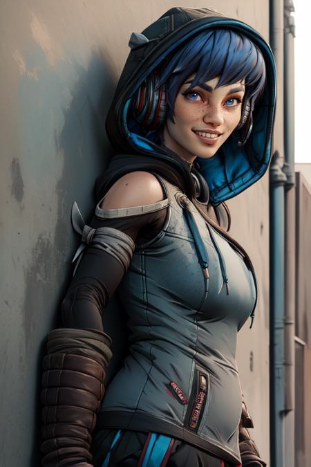 Ava, short blue hair, blue eyes,freckles , standing, leaning on wall, upper body, relaxing, smile, close up,
headphones, hood up , fingerless gloves ,pants ,shoes, outer space, monk temple,
 (insanely detailed, beautiful detailed face, masterpiece, best quality) 
 <lora:Ava-10v4:0.7>