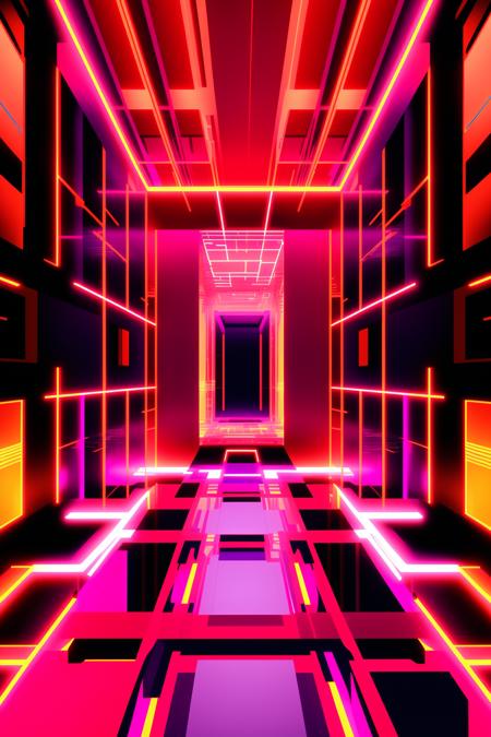 a futuristic looking room with red and black lights , no humans, building, scenery, stairs, city, road  , cyberspace_background