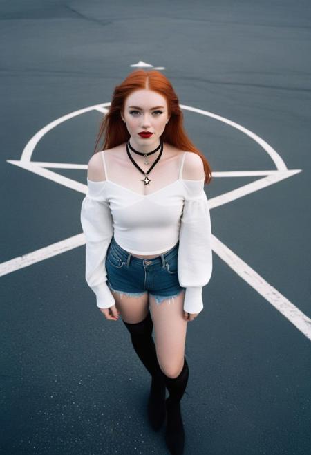 In a grainy 1990s photo, In center: a black circle in bold lines intersected by a thick pentagram, five pointed star, symetrical
In background: ((an old dusty parking lot. 
 a teen woman from the 50s, jeans shorts, fishnet thigh high stockings, white top with thin shoulder straps, reminiscent of old pin up models,( full body portrait:1.9), full body portrait, beautiful, perfect face, petite body, beautiful face, very long red hair, pale skin, blushing, freckls, Freckles, white manicure, earrings, black choker with feminist symbol pendant, wanton, red lipstick, slight smile, red shawl, proud, full body portrait, 
classic broken cars,)) ,
Photographer Reuben Wu Style