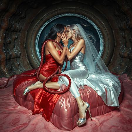 Two ladies, an evil powerful mature slender supermodel lady in a whorish red glossy satin camisole and a innocent weak young blonde bride in a silver foil fitted camisole, passionately kiss, entangled in long tentacles, on a glossy slime-covered giant heart-shaped bed, covered with giant ultrathin transparent slime veil, weird alien hive slime walls and fleshy floor, giant portal to outer space at background, reminiscent of H.R. Giger, Zdzisław Beksiński, and Ash Thorp's dark, sleek styles, with close-up glamour photography, glossy satin and silver heels glistening, fleshy slime dripping, and dark shadows.