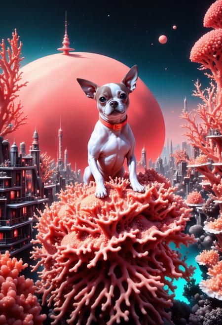 (art by James Bidgood:1.0) and (Alfred Hitchcock:0.8) , masterwork Airbrush painting, crowded cityscape and Dwarf Planet Haumea in background, dreamlike, sexy, avant-garde, aerial shot of a (coral style,score_9, score_8_up, score_7_up, score_6_up, cute little dog, made entirely of coral:1.3) , it is inspired by Red bull, it is made from Little Dipper, detailed DayGlo pink and Teal background, Foggy conditions, Wide view, Terror, Pixel Art, direct flash photography, Selective focus, Fujicolor, Swirling Beige, contrasting colors dust particles, in the style of Nighthawks, photolab, contest winner