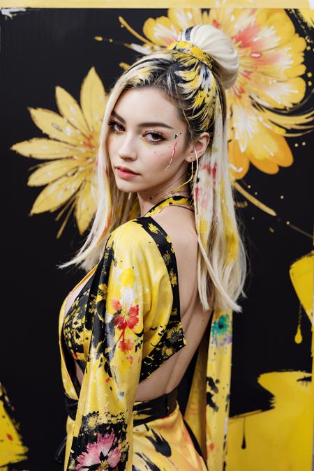 masterpiece,best quality,1girl,kimono,(lycoris flower) in hair,highly detailed,high definition,hair intakes,(yellow ink and paint splatter),(marroon ink and paint splatter),(black ink, black paint splatter),watercolor,vibrant colors,octans, long hair,blonde hair<lora:bbhollyyv3:1> bbhollyy