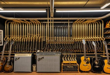 a raw photograph of a (qu4ntum style), a guitar place in store, (brass pipes) and (silver circuit wire),