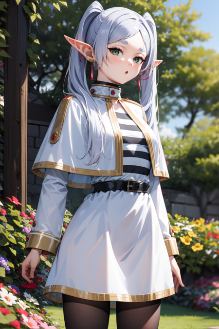 frieren, green eyes, thick eyebrow, grey hair, parted bangs, long hair, twintails, pointy ears, dangle earrings white capelet, long sleeves, striped shirt, black belt, white skirt, black pantyhose, brown boots