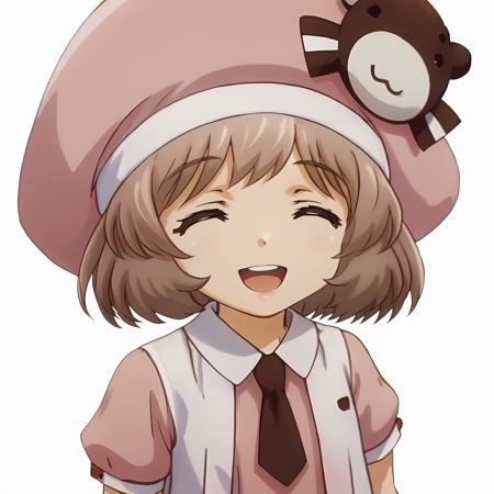 SakuraAmatsuka,1girl,brown hair,short hair,brown eyes, pink_hat, pink_dress,white vest,necktie,