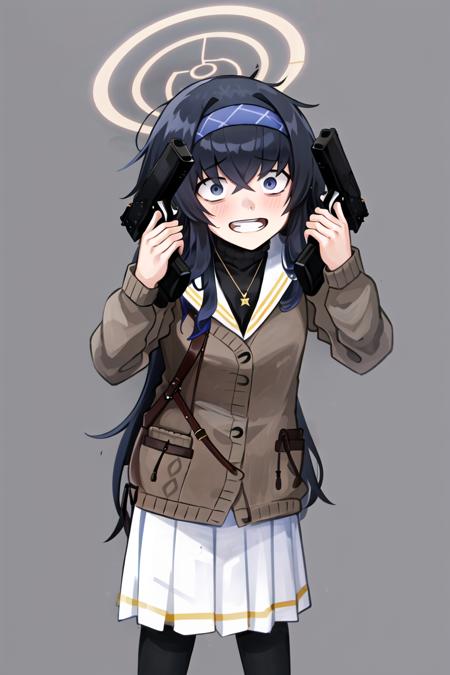 <lora:Guns Akimbo:0.9>, guns akimbo, looking at viewer, smile, bangs, holding, weapon, teeth, grey background, holding weapon, gun, leaning forward, parody, holding gun, handgun, dual wielding, wide-eyed, crazy eyes, crazy smile, (masterpiece, best quality:1), 1girl, solo, bags under eyes, bangs, black hair, blue eyes, halo, blue hairband, brown cardigan, long hair, white serafuku, white skirt, <lora:KozekiUiBlueArchive_10:0.8>