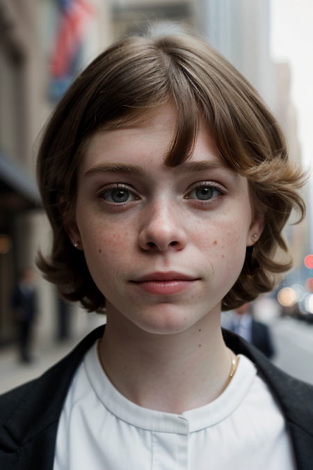 SophiaLillis, photography by (Rodney Smith:1.3), modelshoot, pose, (business suit, black jacket, white blouse, facing viewer, busy Manhattan sidewalk, looking at viewer, closeup on upper body, blurry background, bokeh, ID photo:1.3), serious look