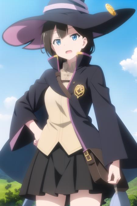 masterpiece, best quality, 1girl, saya \(majo no tabitabi\), witch hat, sky, blue sky, cowboy shot, open mouth