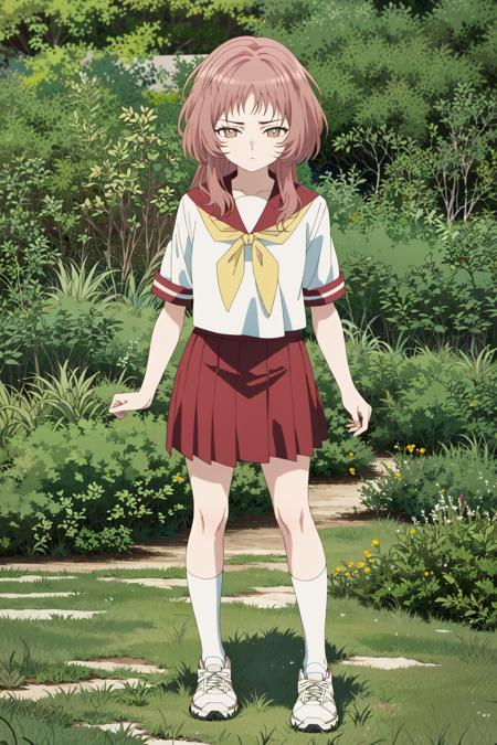 best quality,masterpiece,1girl,(grass:1.33),standing,(full body:1.3),solo,<lyco:眼镜妹locon:0.7>,fenmao, 1girl,  solo, skirt, full body, shoes, socks,neckerchief,pleated skirt, sneakers, yellow neckerchief, looking at viewer, white footwear, red skirt, white shirt, kneehighs, short sleeves