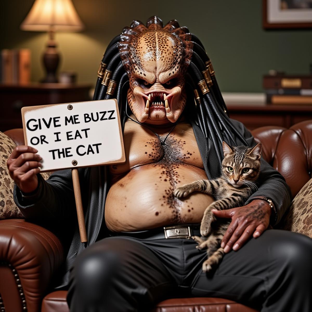 a overweighted predator with a fat stomac is sitting on a couch with a cat on his lap. He holds a sign with the text "Give me buzz or I eat the cat"<lora:PredatorV2:0.8>