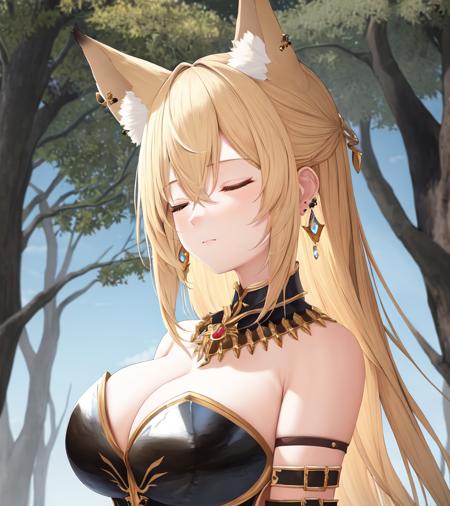 highres, (best quality:1.2), masterpiece, 1girl, animal ears, armor, blonde hair, closed eyes, earrings, extra ears, fox ears, fur trim, jewelry, solo, tree, upper body