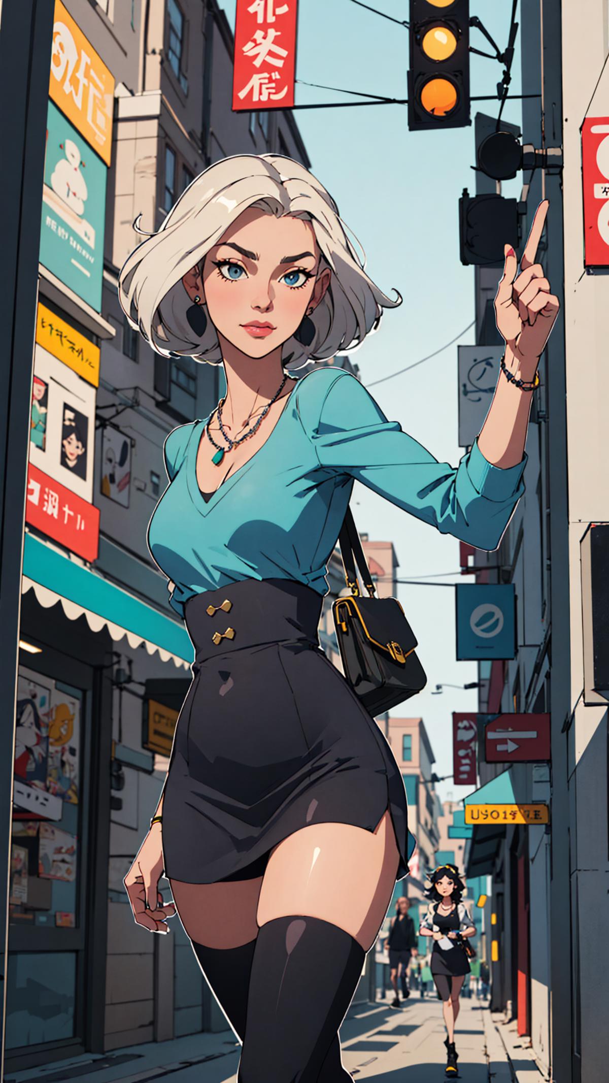 A cartoon image of a woman in a blue shirt and black pants holding a purse and pointing.