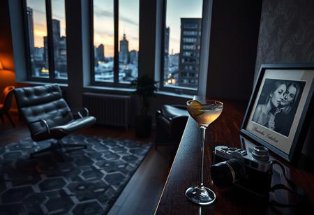 Shot with a Fujifilm GFX 100S and a GF 45mm f/2.8 lens, the scene features cinematic shadows contrasting soft, precise mid-range highlights. A low-angle composition emphasizes sleek, minimalist décor, bathed in gentle halogen warmth.
Clean, uncluttered spaces feature iconic Eames lounge chairs arranged atop geometric-patterned rugs. A vintage radio, gleaming on a polished walnut credenza, softly plays timeless classics. Nearby, an antique camera sits beside a framed black-and-white photograph capturing a candid moment from the past. Tall windows offer glimpses of urban twilight, softening the room’s sharp angles. An untouched cocktail, garnished with a lemon twist, rests elegantly beside the photograph, suggesting a quiet evening of contemplation.