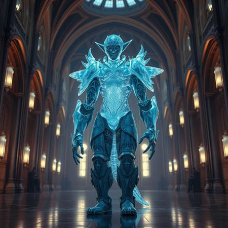 Masterpiece 5 protozoa/humanoid, bioluminescence translucent  body, with no ears and no nose, 32k, 16k, 8k, masterpiece, cinematic art, Kaiju bioluminescence translucent armor, standing inside a bioluminescence translucent cathedral,