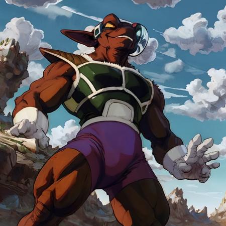 Neiz musles muscular brown skin purple skin tight bodysuit white gloves white boots scouter saiyan armor