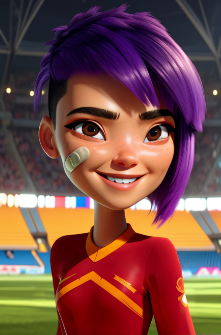 mai,short hair,bandaid on face,purple hair,hair over one eye,brown eye,
red shirt,long sleeves,smile,
standing,
science fiction,soccer field,morning,light smile,
(insanely detailed, beautiful detailed face,beautiful detailed eyes, masterpiece, best quality),<lora:maisu-10V10NG:0.8>,