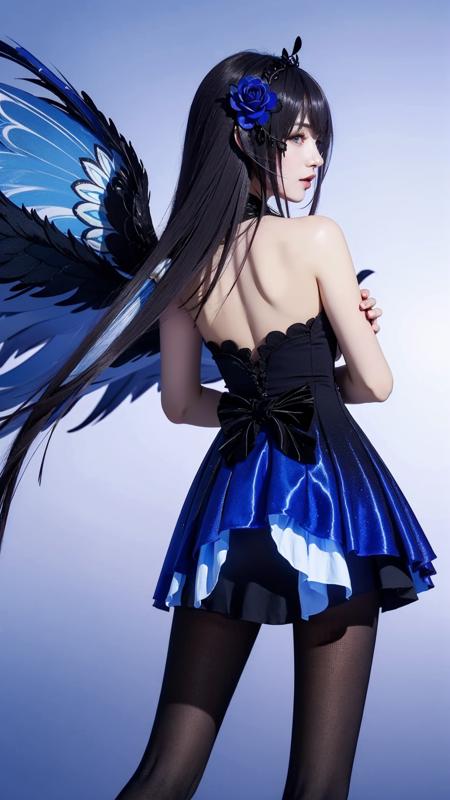 masterpiece, best quality, 
1girl,in the dark,deep shadow,
,Xier Eternal Night, 
solo,
dress, long hair, hair ornament, bangs, bare shoulders, black hair, blue eyes, flower, breasts, blue dress, black dress, blue flower, sleeveless dress, purple hair, seele vollerei, sleeveless, pantyhose, black pantyhose, rose, blue rose, hair between eyes, cleavage, purple eyes, thighhighs, feathers, wings, strapless, strapless dress, hair flower, no shoes, frills, blue butterfly, butterfly, black wings, hair over one eye, backless outfit, glowing, fire, feathered wings,
 <lora:Xier Eternal Night_20231120135550-000014:0.6>