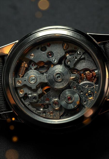 A highly detailed and photorealistic scene capturing the intricate internal workings of a mechanical watch, its delicate components exposed in stunning clarity. The watch’s interior reveals a complex network of tiny, polished gears, their surfaces etched with fine engravings, meshing seamlessly as they turn with precision. Golden springs and screws glint under soft light, while the balance wheel oscillates rhythmically, its ruby bearings glowing faintly with a deep red hue. The mainspring, tightly coiled, shines with a metallic sheen, and the escapement ticks with meticulous accuracy, each movement casting micro-shadows on the surrounding parts. The background is a sleek, matte black surface, emphasizing the watch’s metallic brilliance and intricate details. A subtle surreal element adds a mesmerizing touch—faint, glowing particles of golden light, like miniature stars, hover around the gears, their soft luminescence reflecting off the polished surfaces, creating an ethereal contrast with the mechanical precision. The scene feels both technical and magical, rendered with ultra-photorealistic precision, lifelike textures, and high contrast, optimized for FLUX.1 with sharp edges and cinematic depth, crafting a breathtakingly realistic view of a mechanical watch’s inner beauty.