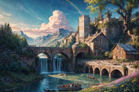 (RAW photo, 8k uhd, Analog style, Masterpiece, Best Quality, Highres:1.4), (dramatic, cinematic:1.2), BREAK,
movie shot of colorful hyperdetailed fantastic fantasy mysterious magic landscape, above clouds, (medieval elven fantasy (village:1.35), (steampunk:1.05) (peasant:1.15) (robots:1.1) (crowd:1.35), playing (little steampunk (girl:1.25):1.1), (farm:1.31), (lake, (river:1.14):1.15), (bridges:1.4), (waterfalls:1.35), (boat:1.4), (dock:1.1), (cliff:1.35), road, (green:1.05) valley, (flowers:1.2), (maple trees:0.65), (green:1.05) (fields:1.3), (fences:1.3), (snowy:1.17) (pines:1.1), (pink:1.0) (flowering tree:1.12):1.22), BREAK,
((mountains:1.22), (futuristic:1.15) (overgrown:1.27) (skyscrapers:1.53) (ruins:1.35), (market, water wheel, castle:1.14), (colorful houses:1.2), birds, stairs, spaceport, ((bright morning sun daylight:1.05) rainbow pure (blue:1.05) sky, glowing:1.05), starry, crescent, meteor, ((fluffy cloud:1.2), godrays, light particles:1.05), various seasons, steam, smokes:1.2), BREAK,
(photorealistic:1.2), (intricate:1.3), (light theme:1.3), (inspiring joyful atmosphere:1.2), (fabulous, fantasy, mysterious, science fiction, post-apocalypse, incredible, amazing, happy, sunny, pastoral, esoteric, antique:1.2), (hyperdetailed, absurdres:1.2), (colorful, saturated:1.4), colorful lighting, BREAK,
<lora:more_details:1>,