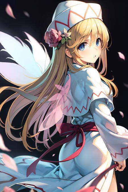 masterpiece, best quality,   <lora:llw:1>,1girl, lily white, solo, flower, hat, petals, wings, hair flower, long hair, blonde hair, dress, blue eyes, looking at viewer, hair ornament, white dress,  long sleeves, capelet, wide sleeves, fairy wings, simple background, pink flower, white headwear, white capelet, from side, bangs, ribbon, looking back, cherry blossoms, parted lips, hair between eyes, sleeves past wrists, cowboy shot, red ribbon, standing, rose