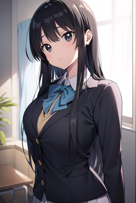 mioakiyama, <lyco:mioakiyama-LYCORIStest:1>,
mio akiyama, (black eyes:1.5), black hair, long hair,
BREAK sakuragaoka high school uniform, school uniform, uniform,
BREAK looking at viewer,
BREAK indoors, classroom,
BREAK <lora:GoodHands-vanilla:1>, (masterpiece:1.2), best quality, high resolution, unity 8k wallpaper, (illustration:0.8), (beautiful detailed eyes:1.6), extremely detailed face, perfect lighting, extremely detailed CG, (perfect hands, perfect anatomy),