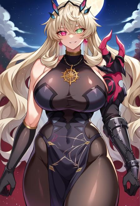 Barghest_Armored, platinum blonde hair, crossed bangs, very long hair, wavy hair, sidelocks, heterochromia, glowing eyes, full armor, glowing armor, armored dress, collar, shoulder armor, chain, pauldrons, gauntlets, breastplate, boobplate, gloves, armored boots, faulds, vambraces, long sleeves Barghest_SecondAsc, platinum blonde hair, wavy hair, sidelocks, crossed bangs, very long hair, heterochromia, glowing eyes, black dress, collar, necklace, jewelry, earrings, sleeveless dress, pelvic curtain, black pantyhose, single gauntlet, single pauldron, shoulder spikes, elbow gloves, black gloves, uneven gloves Barghest_Maid, platinum blonde hair, twin braids, short hair, sidelocks, hair up, hair bun, heterochromia, glowing eyes, maid headdress, frilled dress, pleated dress, juliet sleeves, maid apron, collar, black skirt, long skirt, white gloves Barghest_Swimsuit, platinum blonde hair, crossed bangs, very long hair, sidelocks, heterochromia, glowing eyes, swimsuit, bikini, white bikini, multicolored bikini, bikini top, strap gap, halterneck