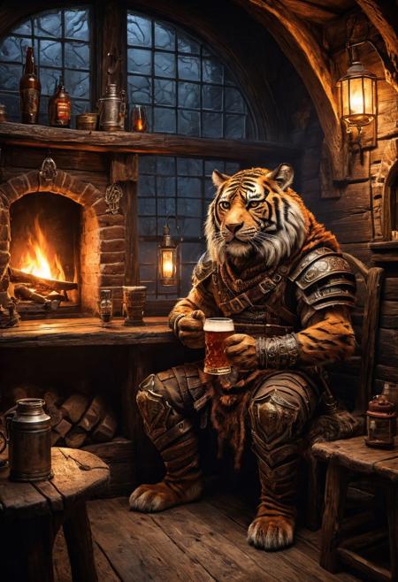 fantasy anthropomorphic a tiger warrior in dark tavern holding a pint of ale in a cozy environment with gas lamps rustic wood warm brick fireplace and frosted glass windows