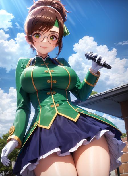 masterpiece, best quality, ultra-detailed, illustration,  <lora:yuzuriha_maimai-10:0.9>, 1girl, solo, yuzuriha_maimai, thick eyebrows, brown hair, green eyes, medium hair, glasses, round eyewear, gloves, white gloves, headband, holding, looking at viewer, holding microphone, breasts, dress, smile, v over eye, long sleeves, skirt, green jacket, jacket, open jacket, blue skirt, high ponytail, idol dress