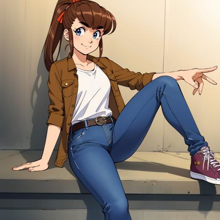 masterpiece,high quality,solo,
<lora:mistybrown001:0.7>,looking at viewer,smile,
mistybrown,1girl,
long hair,ponytail,hair ribbon,thick eyebrows,brown hair,blue eyes,
shirt,jacket,
belt,jeans,
sneakers,