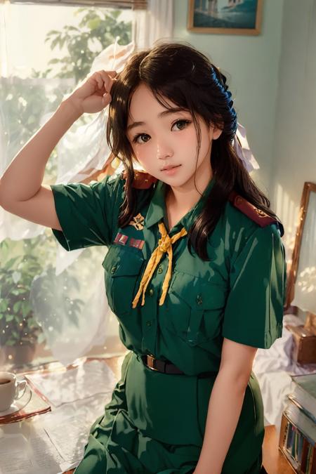 (close-up shot:1.2), girl in her bedroom, wearing green thai_girlscout_uniform, soft, (warm:1.2) and (cinematic:1.3) light filtering through the blinds, half-opened eyes, tousled hair, crumpled sheets, book lying on her chest, framed photographs on the wall, vintage decor, empty coffee mug on the bedside table

<lora:epiNoiseoffset_v2:1>,<lora:THgirlscout_v6-000007:0.85>,