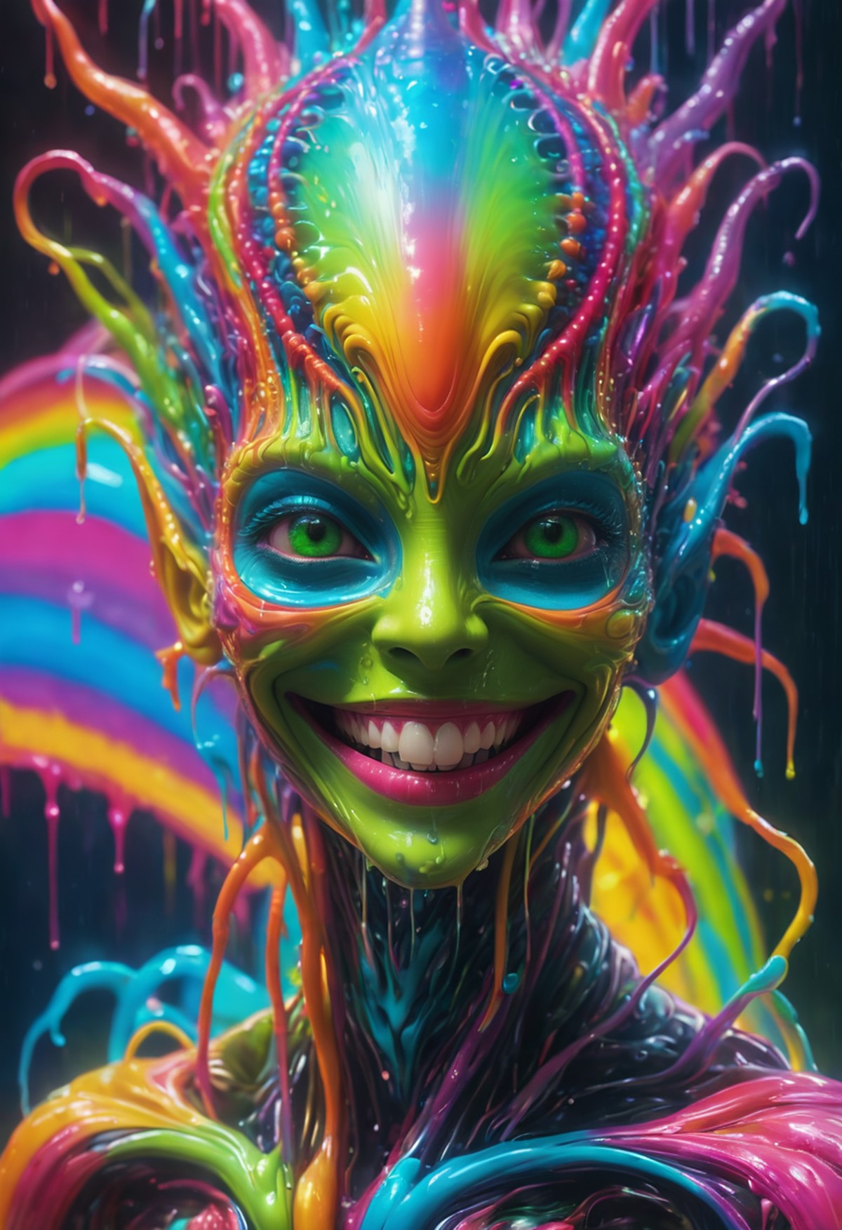 impossibly beautiful portrait of alien entity, insane smile, intricate complexity, surreal horror, inverted neon rainbow d...