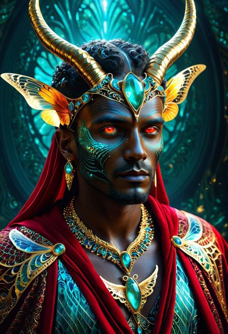 masterpiece, absurdres, HD, 8k, High detail, realistic, vivid colors,
dark fantasy, ultra detailed, 8k, cinematic lighting, surreal, mystical, portrait, mystical masculine deity with glowing amber eyes, dark ethereal skin, intricate gold and Fractangles headpiece adorned with luminous blue gemstones, ornate horns made out of fractangles wrapped in delicate golden patterns, surrounded by glowing butterflies in shades of gold and teal, detailed facial features with sharp jawline and smooth texture, elegant necklace with glowing butterfly pendant, Rich red robe of carbon fiber with gold filigree trim, dark fantasy atmosphere, bioluminescent light sources, surreal magical ambiance, cinematic lighting, ultra-detailed, high-resolution fantasy portrait