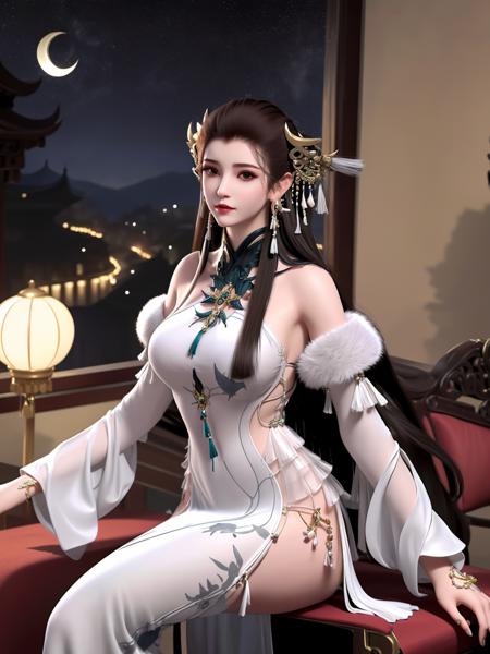 long hair, dress,earrings, bare shoulders, jewelry, detached sleeves, chinese clothes, standing,tassel earrings, thigh boots, fur trim,choker, cityscape, night,looking at viewer, mature female,  <lora:CFyyyXG_20230718200648-000015:0.8>,hair ornament, sitting,chair,