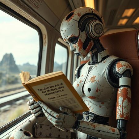 Rusty and damaged humanoid woman robot sitting in futuristic train and reading a book "Zen and the Art of Motorcycle Maintenance" by Robert M. Pirsig. train is passing by futuristic landscape. Her body paint is chipped, cracked and dented.