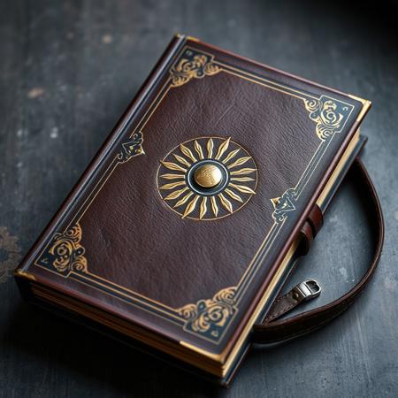 Brown medieval book with gold, grey background, cover, sun emblem, laying on a table, locking belt