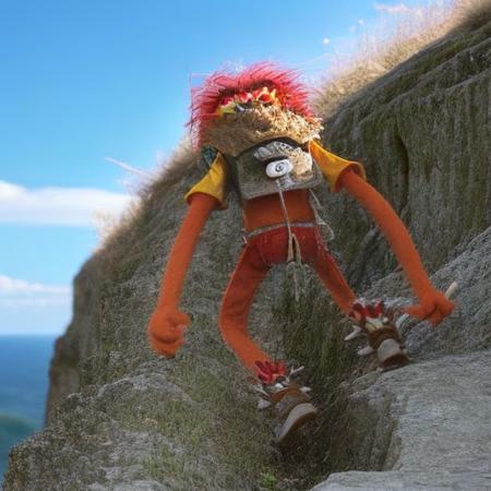 (( a man jogging on a cliff, sunny day))<lora:TheAnimalLoRA:1> theanimal, red hair, spiky teeth, bushy eyebrows, red full beard, collar with spikes, wristband with chains