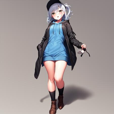 1girl, solo
hat, shoes, dress, white dress, jacket, baseball cap, full body, brown footwear, hood, standing, simple background, hood down, black jacket, walking, socks, blue socks, looking at viewer
Black and white shot
<lora:lambda:1>